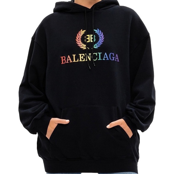 Black Balenciaga Embroidered Rainbow Pullover Hoodie - Picture 7 of 9